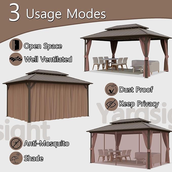 12'x16' Hardtop Gazebo, Outdoor Aluminum Frame Galvanized Steel Double Roof Pavilion with Netting and Shaded Curtains, Permanent Metal Pergolas for Patio, Backyard, Deck and Lawns.