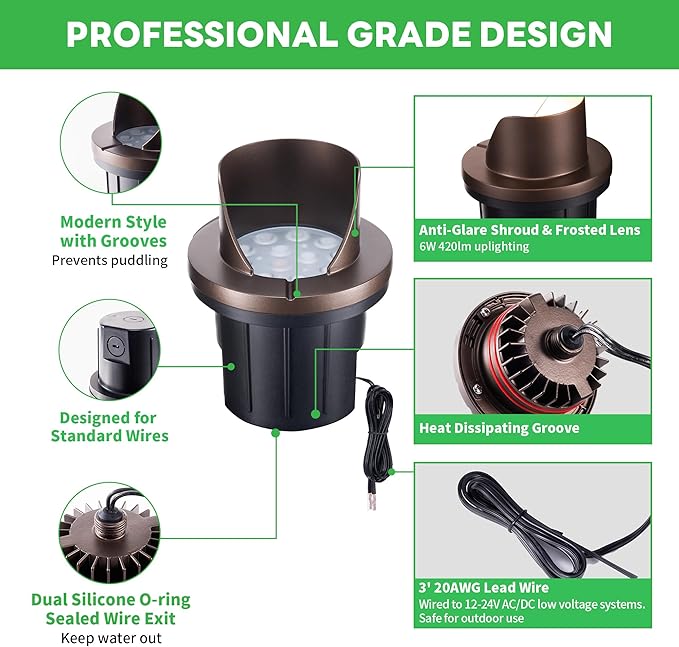 Landscape Well Lights, IP67 Waterproof LED Low Voltage In-Ground Lights Outdoor, 12V Anti-Glare Landscape Uplighting for Trees, Pathway & Walls, Wired, 3000K Warm White