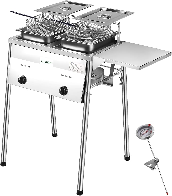 HOMIRA Stainless Steel Two-Tank Propane Deep Fryer with Thermometer, 2 Stainless Steel Baskets and Lids Fish Fryer with Adjustable Temperature Regulator, Outdoor Dual Fryer for Frying