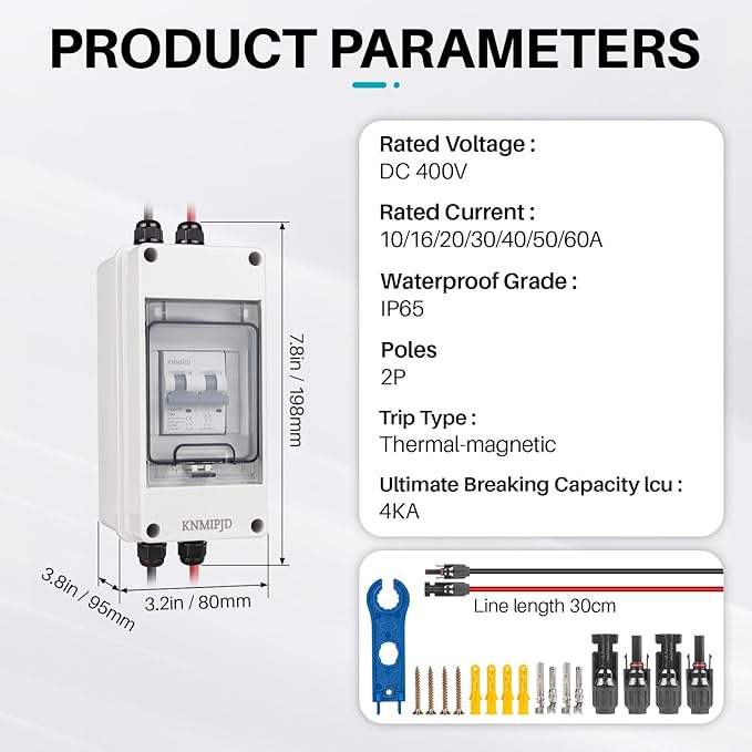 Solar Panel Disconnect Switch 10A 2P 400V Dc/AC Breaker Disconnect Box Outdoor Breaker Box Suitable for photovoltaic and Wind Energy Home Battery Systems (50 Amps)