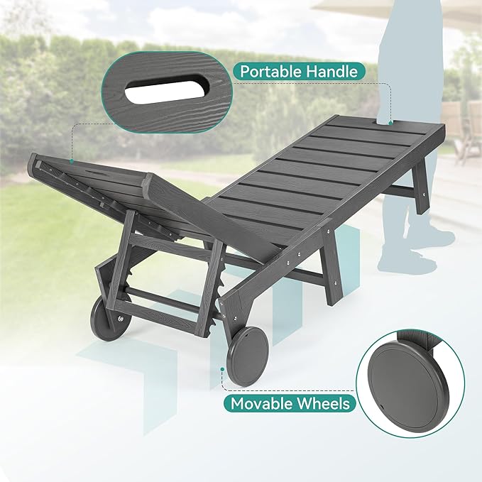 Outdoor Chaise Lounge Chairs Set of 4, 26.8” Super Wide Lounge Chair Outdoor, HDPS Pool Chairs with 5 Positions, Patio Lounge Chair with Wheels for Pool,Lawn,Backyard, Dark Gray