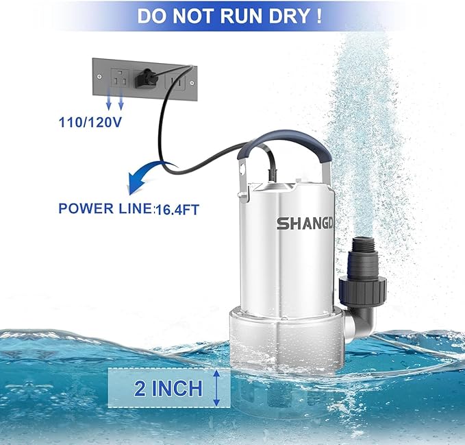 Sump Pump 1.6HP Submersible Water Pump 5500GPH Stainless Steel Electric Clean/Dirty Water Draining Transfer Pumps with Adapters for Pool Hot Tub Pond