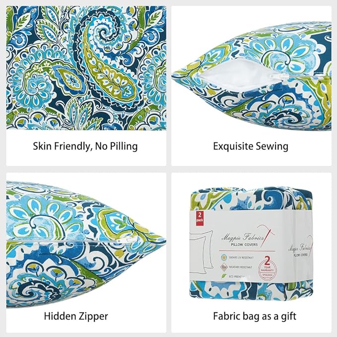 Magpie Fabrics Pack of 2 Indoor Outdoor Waterproof Throw Pillow Covers 18 x 18 Inch, Decorative Pillowcase Shell Cushion Sham for Garden Patio Tent Balcony Couch Sofa(Paisley Lapis Green)