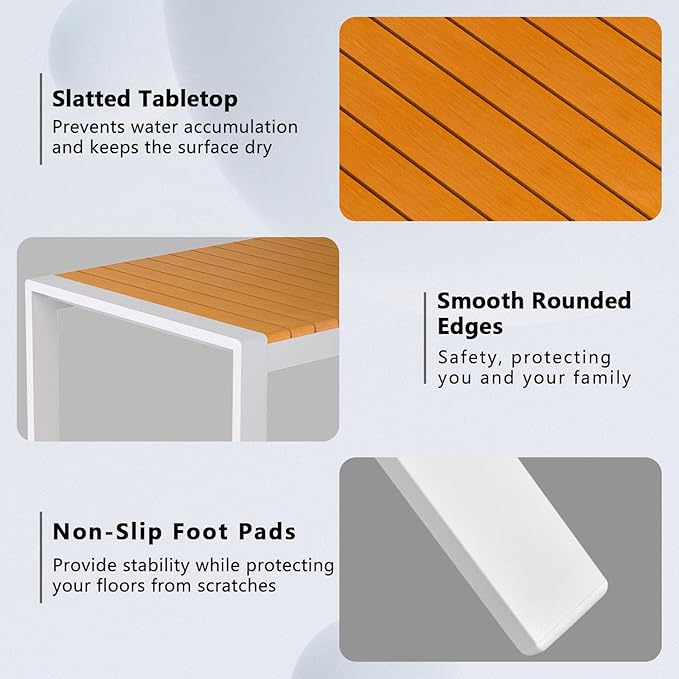 Aluminum Outdoor Coffee Table - White Rectangle Patio Tables with Teak Top for Deck, and Poolside