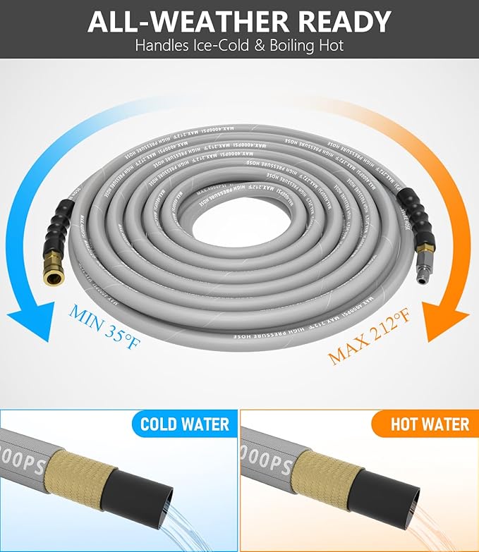 Pressure Washer Hose 50FT 4000 PSI, Kink Resistant Steel Braided Layer & NonMarking Rubber for Hot/Cold Water, High Power Washer Hose With 3/8 Inch Quick Connect & M22 Fitting, Gray
