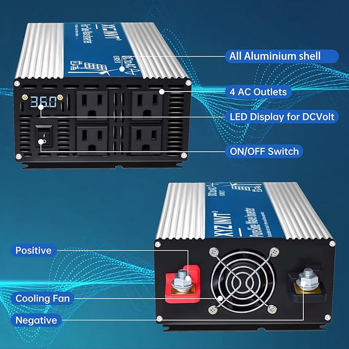 1800W Pure Sine Wave Inverter DC 36V to AC 120V, 3600W Peak Power with LED Display, Power Converter for Car, Truck, Solar, Home & Rechargeable Devices
