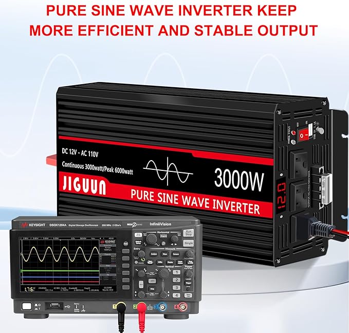 JIGUUN Pure sine Wave Inverter 3000W, 12V to 110V Power Inverter Converter with 4 AC sockets, USB Output and LED Display for RV Camping Emergency Household appliances (3000WPRO)