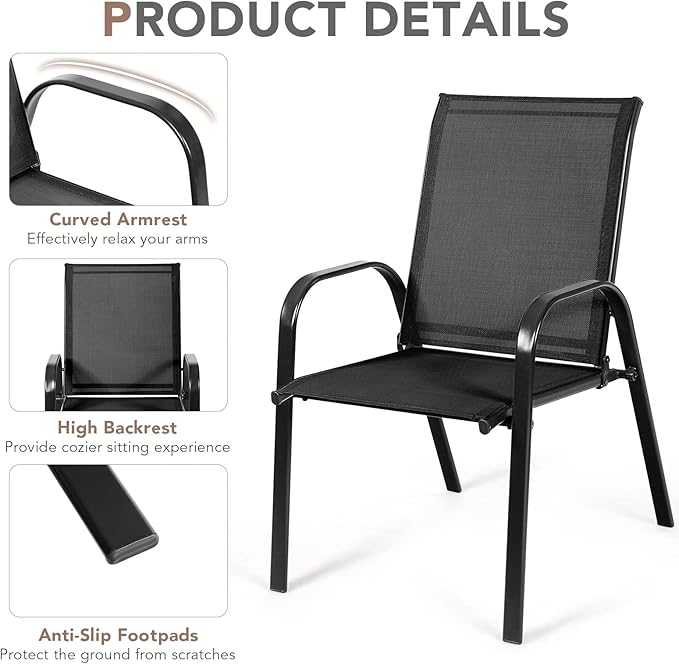 Tangkula 4 Piece Patio Dining Chairs, Outdoor Bistro Chairs W/Curved Armrests, Easy-to-Dry Fabric, Reinforced Steel Frame, Wide & Comfortable Camping Chairs for Garden, Poolside, Backyard (2, Black)