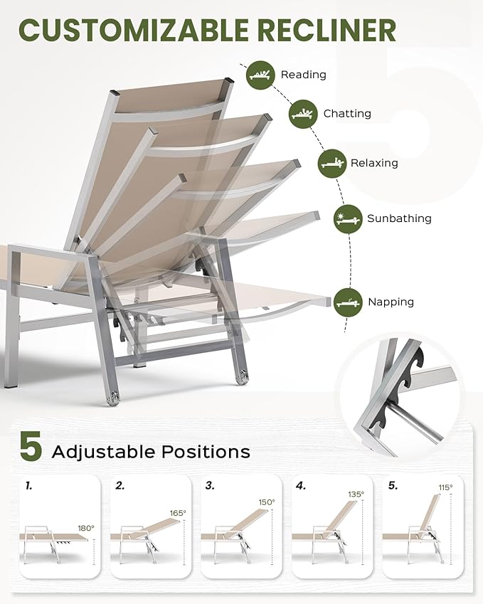Patio Chaise Lounge Chair Outdoor with Wheels&Armrests, Aluminum Pool Lounge Chairs Set of 2 Five-Position Adjustable Recliner, Outdoor Beach Lounge Chairs for Poolside, Patio, Deck, Yard, Khaki
