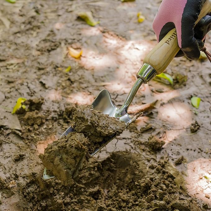 Berry&Bird Transplant Trowel with Measurements, Garden Stainless Steel Potting Hand Trowel with Wooden Handle, Small Garden Hand Shovel Transplanter Tool for Planting Digging Transplanting Gardening