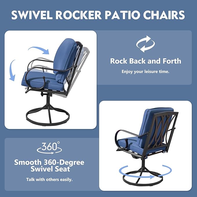 MELLCOM Patio Swivel Chair Set of 8, Heavy Duty Outdoor Dining Chairs with Thickened Cushions, Metal Patio Chairs Gentle Rocker for Outside, Garden Lawn & Porch, Backyard, Blue