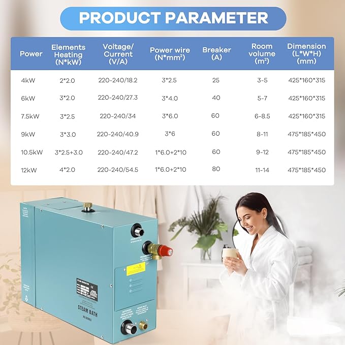 Kooby 12KW Luxury Self-draining Steam Generator Shower Sauna Bath Home Steam Bath Spa Generator with Waterproof Control and Auto Drain 95-131℉ for Max Space Heating 13 m³ (460 ft3)