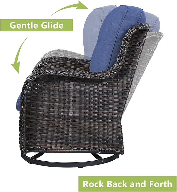 Outdoor Patio Swivel Rocker Chairs - Wicker Rattan Patio Swivel Rocking Chairs Set of 2 with High Back,Deep Seating and Comfort Cushions for Deck Porch Garden,Brown/Blue