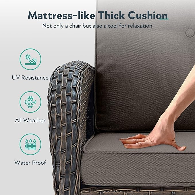 Outdoor Swivel Glider Rocker Chairs Set of 4 - Wicker Patio Furniture Set All Weather Patio Conversatio Sets with 2 Tempered Glass Side Table for Deck Backyard - Brown Wicker Grey Cushion
