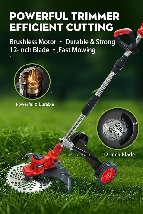 Cordless Weed Wacker, 12-Inch Electric Weed Wacker, Brushless Grass Trimmer with Wheels, 2×4.0Ah Batteries, Lightweight Electric Weed Eater with Telescoping Shaft for Lawn, Yard, Garden, Red