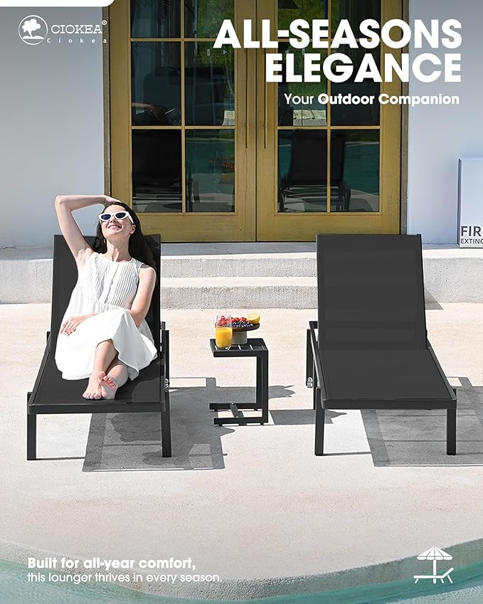 Patio Chaise Lounge Chair Set of 2, Outdoor Lounge Chairs with Wheels, 5-Position Adjustable Sun Loungers for Pool, Deck, Beach, Black