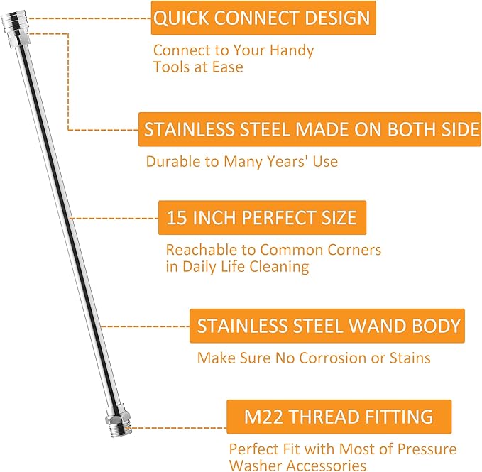 PWACCS Pressure Washer Extension Wand, Universal Lance Extension for Power Washer, Stainless Steel Replacement of Pressure Washing Extended Rod, M22 to 1/4 Inch Quick Connector