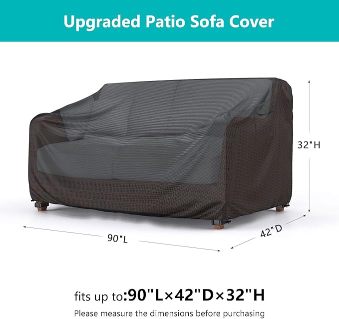 Patio Sofa Cover Waterproof - Heavy Duty 3-Seater Outdoor Couch Cover Patio Furniture Covers with Air Vent and Handles, 90" L×42" D×32" H, Black
