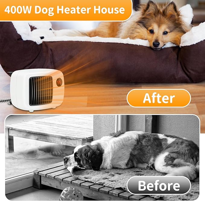 Rypet Dog House Heater with Thermostat, 200W/400W Safe Heater for Dog House Outdoor with 6 Ft Anti Chew Cord, Wall Mounted Chicken Coop Heaters Electric Warmer for Hound Kennel Cat Cage Chicken Coop