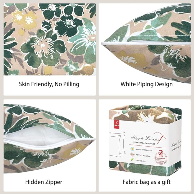 Magpie Fabrics Patio Lumbar Pillow Covers ONLY 20"x12", Set of 2, Outdoor Indoor Cushion Cases Decorative Throw Rectangular Pillowcase Shell for Couch Garden - Green Floral