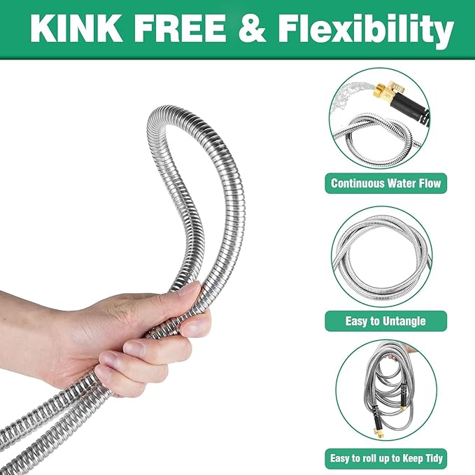 200FT Metal Garden Hose 304 Stainless Steel Flexible Water Hose - No Kink & Tangle Heavy Duty Pipe with Nozzle, Durable 3/4 Metal Fittings and Valve - Rust Proof Puncture Proof for Yard Lawn
