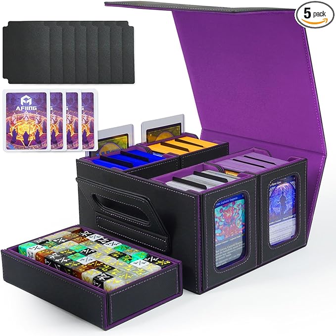 AFIING Commander Deck Box for MTG, Holds 400+ Double-Sleeved Cards, 4 Removable Deck Cases with Display Window, Dice Tray/Handle,Trading Card Storage Organizer/Dividers for TCG (Black Purple)