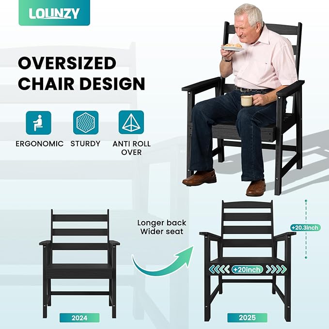 LOUNZY 7 Pieces Patio Dining Sets, 75.2'' Table Outdoor HDPE Furniture Set w/ 2" Hole Cut-Out Dining Table with 6 Patio Chairs for Lawn, Pool and Yard,Black