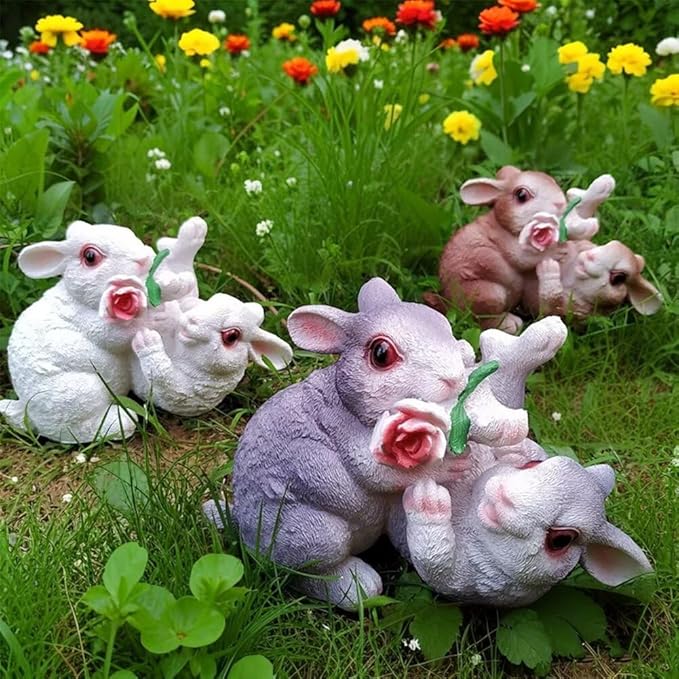 Garden Statues Bunny Decor Resin Flower Rabbit Figurine Cute Fairy Garden Decor Outdoor Statues for Patio Yard Porch Balcony Gifts for Women Mom Grandma White