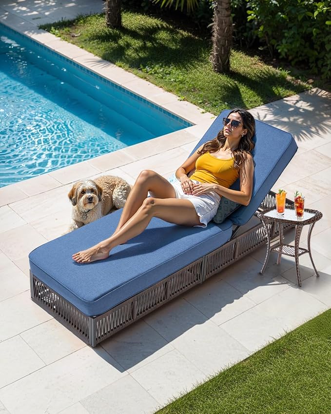 Luxury Outdoor Chaise Lounges with 5 Inch Thickened Cushions - Set of 2 High Back Brown Wicker Patio Recliners Rattan Reclining Chairs Porch Poolside Pool Sunbathing Lounger - Navy Blue