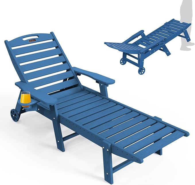 Lounge Chair Outdoor, Oversized Chaise Lounge Chair with 5 Positions, HDPE, Patio Lounge Chair with Wheels & Cup Holder for Pool, Deck, Poolside, Azure Blue