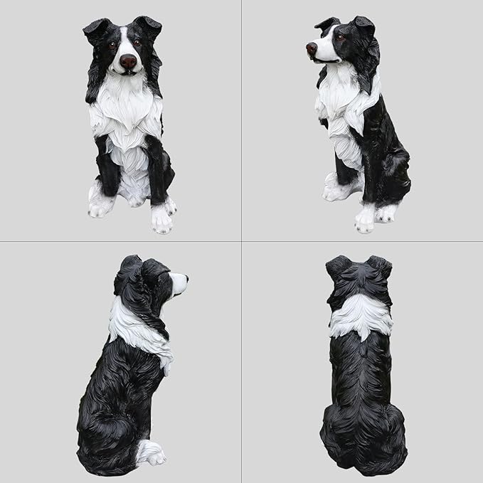 Border Collie Outdoor Dog Statue with Reversible “Welcome/ON Patrol” Plaque and Solar Path Lantern, Black & White Sitting Herding Dog Yard Accent