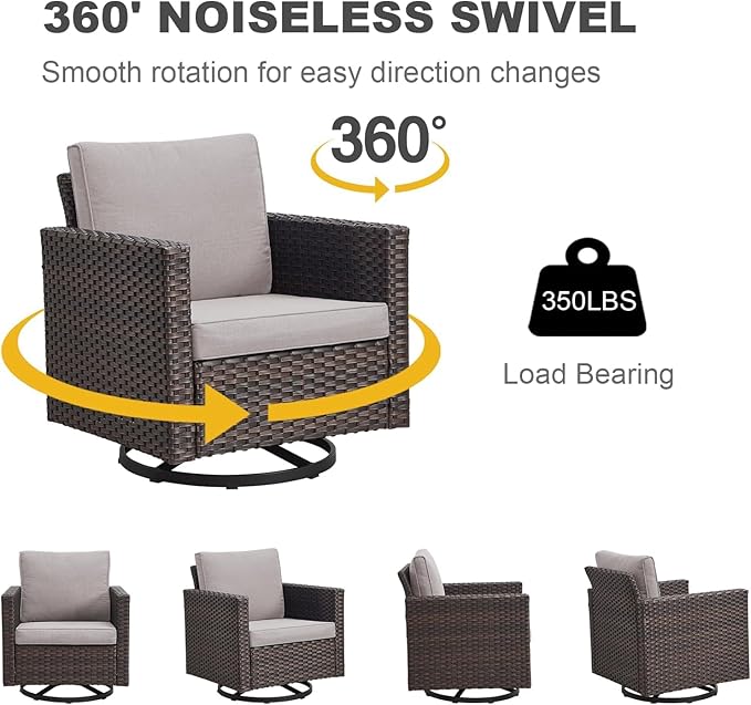 Wicker Patio Furniture Set, 6 PCS Outdoor Patio Furniture Set with Swivel Chairs, Includes 2 Swivel Patio Chairs, 1 Outdoor Couch, 1Side Table and 2 Ottoman, Brown/Beige