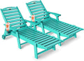 Lounge Chair Outdoor Set of 2, HDPE Chaise Lounge Chair Outdoor with 6-Position & Wheels &Cup Holder, Pool Lounge Chair for Pool Poolside Deck Backyard Patio, Lake Blue