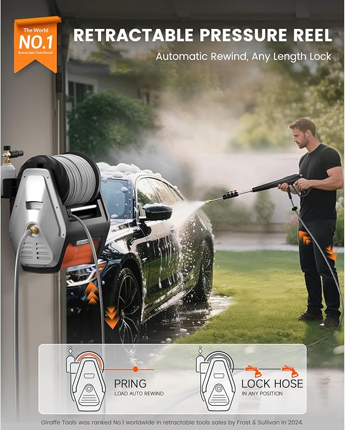 Giraffe Tools Wall Mount Pressure Washer PRO with Max 3700PSI 1.6 GPM, Upgraded 1800W Brushless Motor, Electric Power Washer with 100ft Pressure Hose, 4-Nozzles, Foam Cannon, Automatic Rewind