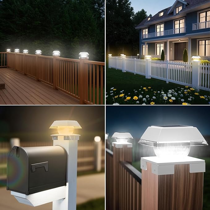 INDARUN Post Lights Solar Powered, Fence Deck Post Solar Lights Fit 4x4 5x5 6x6 Wood Posts/Vinyl 4x4 Post Caps, Outdoor Post Lights with 2 Colors Modes, 120Lumen, for Patio/Porch/Backyard Decor