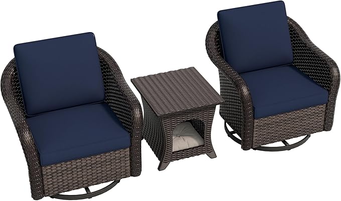 Vista Vibe Outdoor Wicker 360 Degree Swivel Glider Rocker Chairs Set of 2 with Cat Nest Side Table, All-Weather Rattan Patio Conversation Furniture Set with Washable Cushions for Balcony, Yard (Navy)