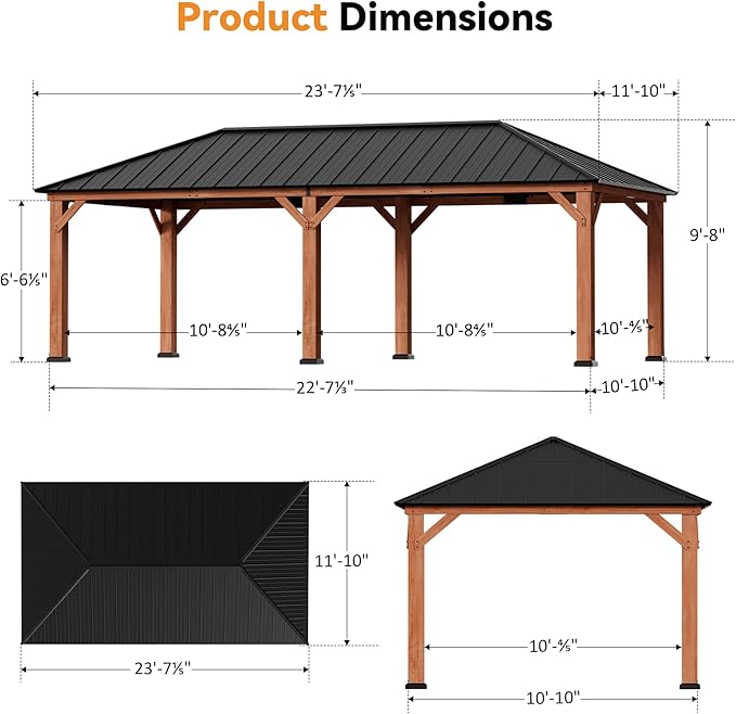 Modern Shade Tranquil Grove Wood Gazebo 12' x 24', Permanent Grill Gazebo with Galvanized Steel Hardtop Roof, Cedar Framed Wooden Pavilion for Garden, Backyard