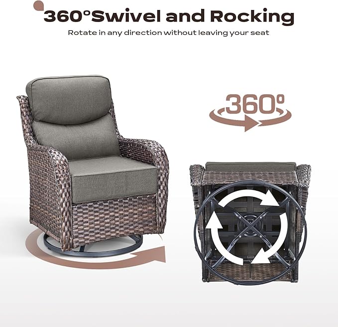 Rilyson 6 Piece Outdoor Patio Swivel Rocker Chairs, Waterproof Wicker, High Back, Deep Seating, Wide Armrest, Upgraded 6 inch Thick Cushions, Side Table, Ideal for Deck Porch Yard, Brown/Grey