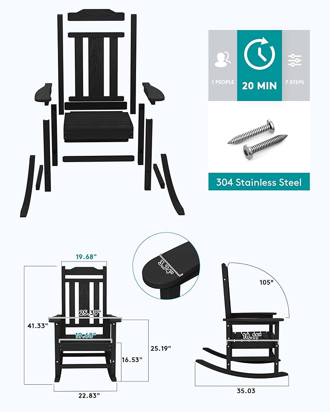 SERWALL Outdoor Rocking Chair Black Set of 8, All Weather Patio Rocking Chair, HDPE Poly Rocking Chair for Adults, Heavy Duty Front Porch Rocker