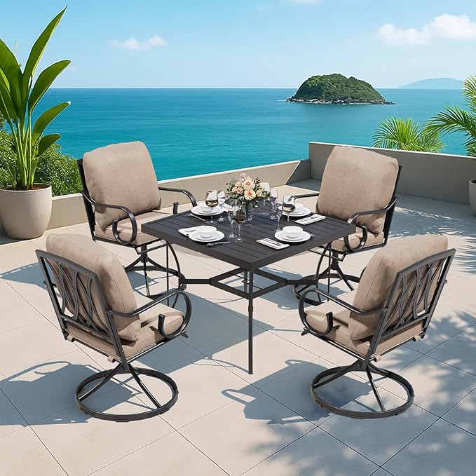 MELLCOM Patio Swivel Chair Set of 4, Heavy Duty Outdoor Dining Chairs with Thickened Cushions, Metal Patio Chairs Gentle Rocker for Outside, Garden Lawn & Porch, Backyard, Khaki