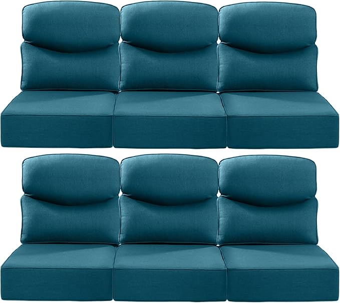Luxury 22x24/22x25 6-Inch Smile Patio Cushions for Outdoor Furniture Set of 6 - Thick Back & Deep Seat Outside Chair Cushions for Rattan Metal Glider Loveseat Sectional Sofa - Peacock Blue