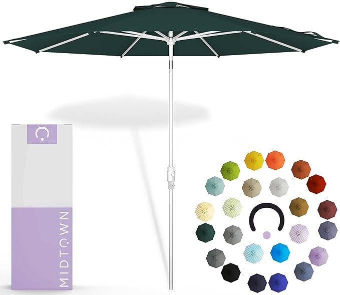 Midtown Umbrellas The Swilt 9 Feet Patio Umbrella in Terylast Forest (Dark Green) Polyester Fabric - Fiberglass Ribs, Auto-Tilt Aluminum Frame For Backyard, Deck, Garden, Pool - White Pole