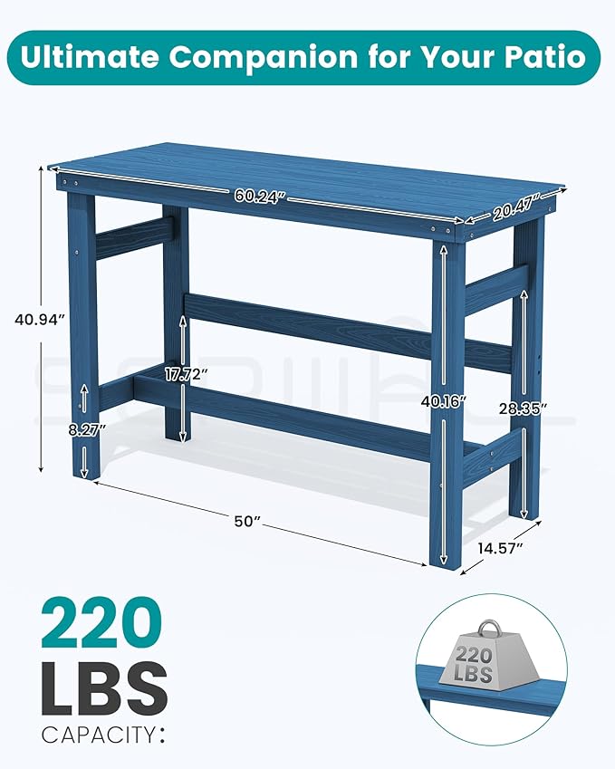 SERWALL 41" Outdoor Bar Table, HDPE Patio Bar Counter Height Table, All Weather Adirondack Outdoor Bar Height Table, Rectangle Patio Bar Table for Outside, Garden, Backyard, Balcony, Poolside, Blue