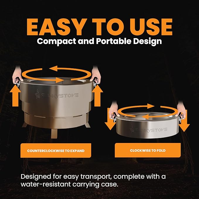 Slinky Stove Smokeless Fire Pit for Outdoor Wood-Burning - 23-Inch Patented Collapsible Firepit with Cooking Grill - Portable Stainless Steel Solo Pit for Camping, Backyard, Patio Bonfires