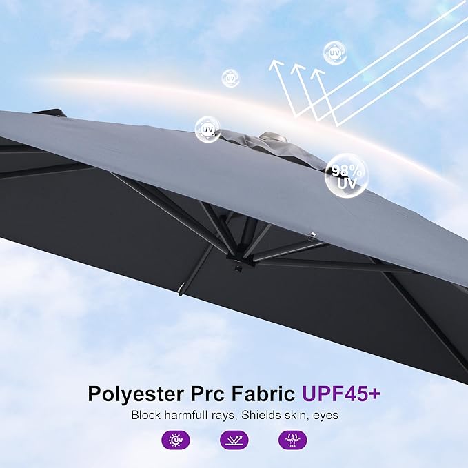 PURPLE LEAF 8' X 8' Patio Umbrella with Base for Pool 7' High Offset Outdoor Cantilever Umbrella Swimming Pool Umbrella with 360°Rotation for Poolside Grey