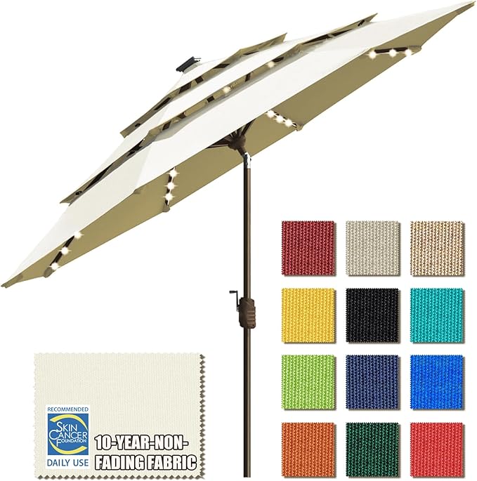 EliteShade USA 10-Year-Non-Fading Solar 9ft 3 Tiers Market Umbrella with 80 LED Lights Patio Umbrellas Outdoor Table with Ventilation,Natural