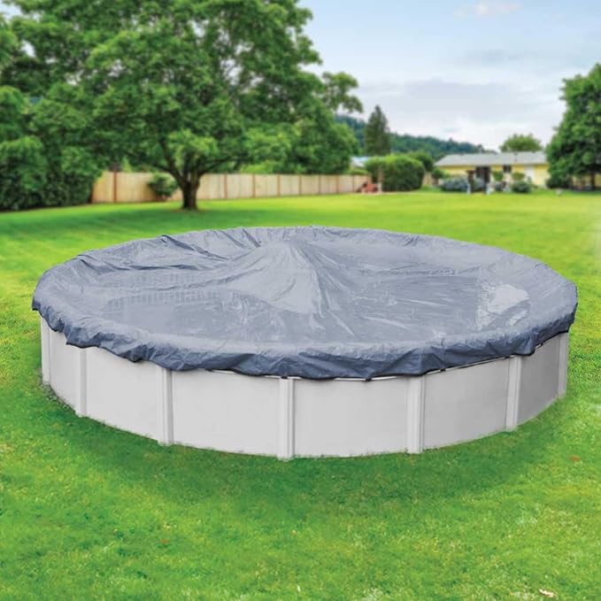 Robelle 28 ft Commercial Blue Winter Pool Cover for Above Ground Pools, 4 ft Overlap (32 ft Cover Size), Solid 12 x 12 Scrim, 3.7 oz/yd2, 18-Year Warranty, Style: 3428-4