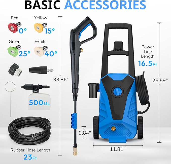 Pressure Washer, Power Washer with 4 Quick Connect Nozzles, High Pressure Cleaning Machine with Foam Cannon for Cars/Fences/Driveways/Patios/Home Cleaning, Blue