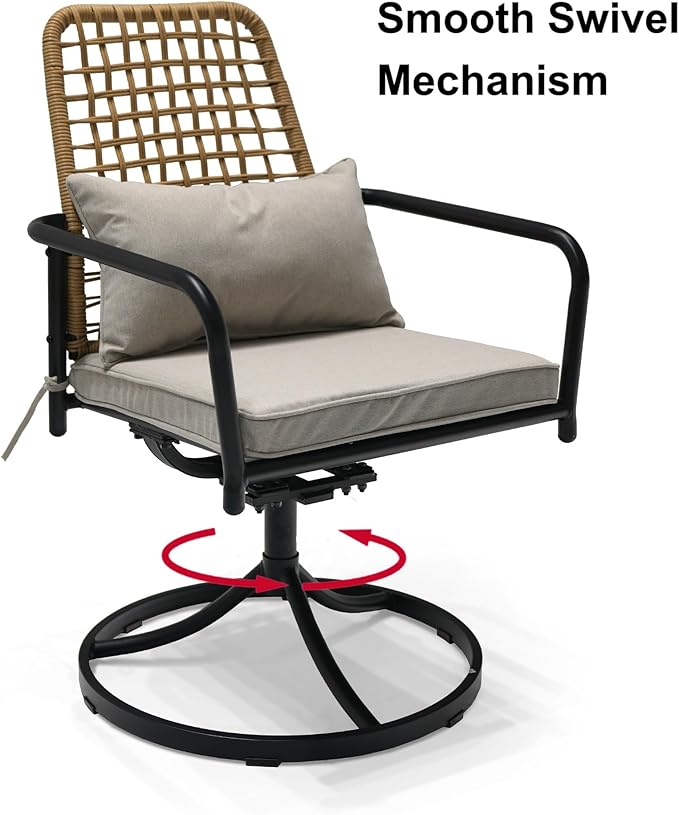 7-Piece Outdoor Dining Set, 6 Woven Swivel Chairs Set with Gray Cushions ＆ 63‘’ Rectangular Dining Table All Weather Furniture Set
