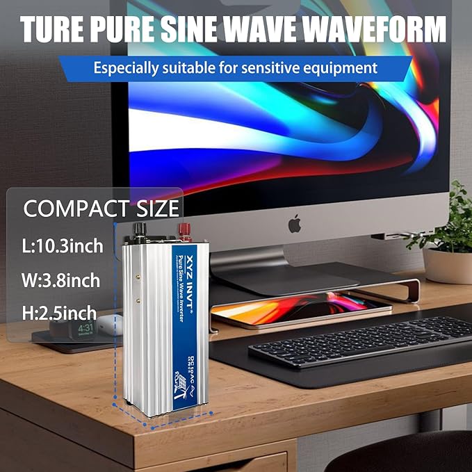 1000W Pure Sine Wave Power Inverter DC 12V to AC 110V/120V, 2000W Peak, Car/Truck Power Converter for Solar, Home, Vehicle & Rechargeable Devices with LED Display
